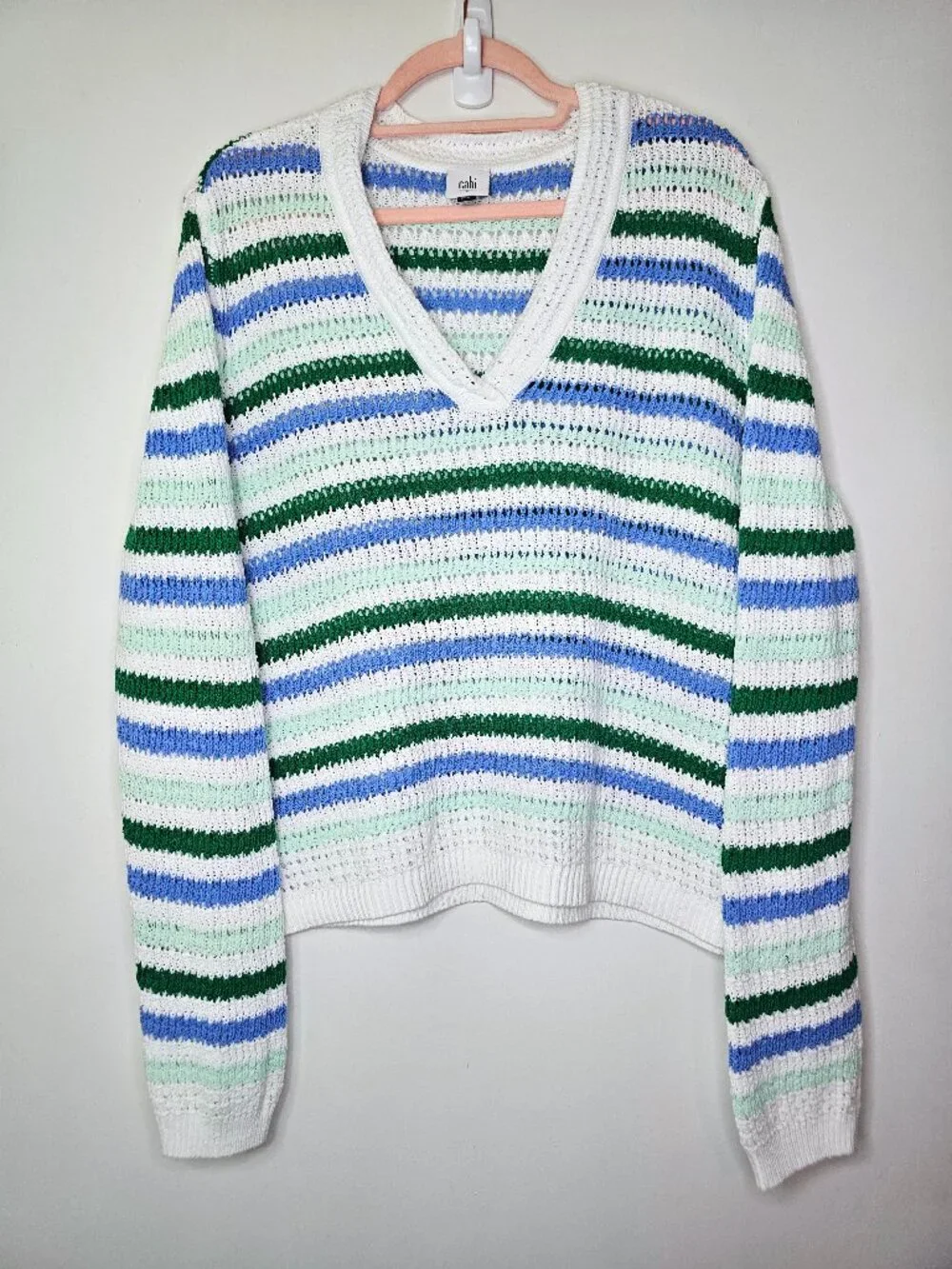 CAbi 6771 Serena Cotton Knit V-Neck Long Sleeve Pullover Sweater L Striped - Picture 2 of 8